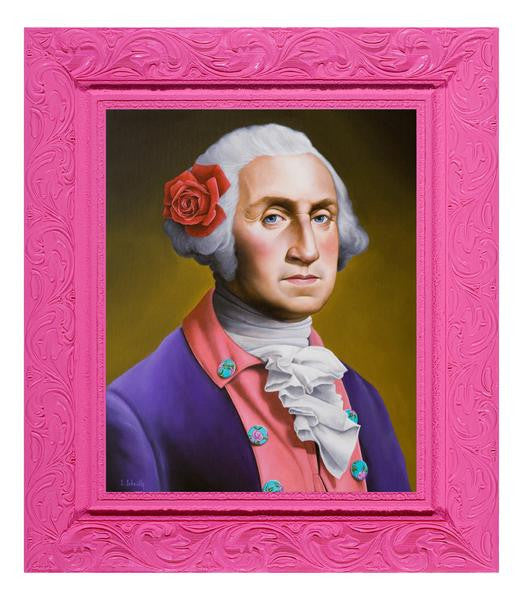 Scott Scheidlys Pretty Boy George is an original painting showcasing a historical figure with white hair, a red rose, and a pink suit jacket adorned with colorful buttons over a white cravat. An ornate pink frame and muted gold background complete this captivating piece of Pink Portraits art.