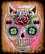 The design features a Caia Koopman-inspired sugar skull with a rose on the forehead, cherries and clovers in the eye sockets, and the number 13. A textured background of splattered pinks and browns enhances its mystical Lucky 13 charm.