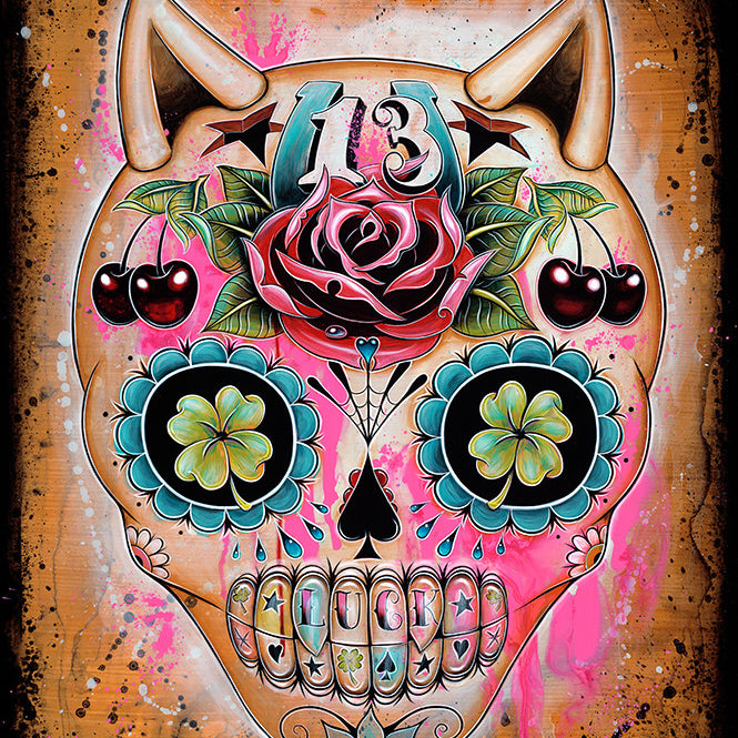 The design features a Caia Koopman-inspired sugar skull with a rose on the forehead, cherries and clovers in the eye sockets, and the number 13. A textured background of splattered pinks and browns enhances its mystical Lucky 13 charm.
