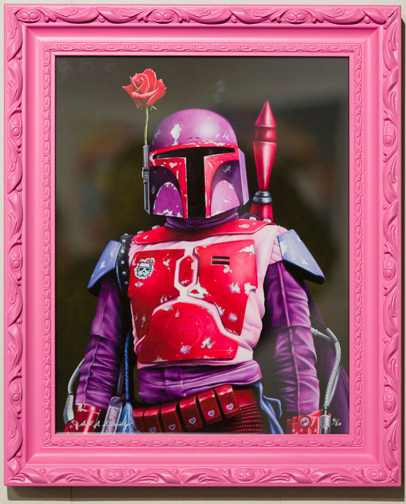 From Scott Scheidlys Pink Portrait series, this vibrant artwork highlights a character in red and purple armor similar to a space warrior, all within an intricately detailed pink frame. A distinct archival pigment print detail features a red rose tucked into the helmet.