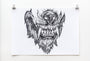 A symmetrical black and white ink drawing by Rhys Cooper features a fierce animal face with sharp teeth and a mane. Its a preliminary sketch mounted on a white background with two clips.