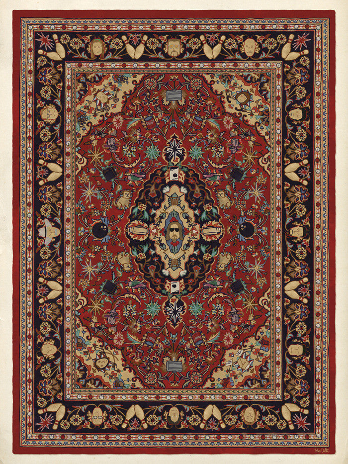 Max Daltons Persian rug showcases a complex design with geometric shapes, floral motifs, and animals on a rich red backdrop; it features black, cream, and blue accents. The hand-numbered rug has smaller detailed patterns adorning its border.