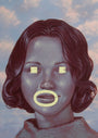 An acrylic on board surreal portrait of a woman features stylized facial details like blank rectangular eyes and a circular mouth against a cloudy sky, exuding a vintage feel reminiscent of Casey Weldons work at Spoke Art Gallery.