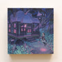 In an art gallery, a captivating scene by Nicole Gustafsson shows a woman levitating on a broomstick before a whimsical house nestled among large, twisting trees, with the sky aglow in pink and purple hues, enhancing the mystical ambiance.
