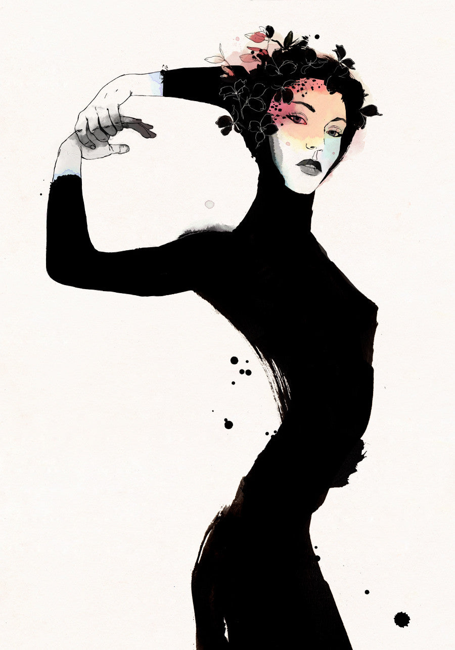 A limited edition silkscreen by Conrad Roset features an abstract person in black, gracefully posed. Their face has colorful accents and floral elements. The piece creates stark contrast with its dark silhouette against an off-white background, embodying Roset’s signature style.