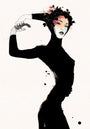 A limited edition silkscreen by Conrad Roset features an abstract person in black, gracefully posed. Their face has colorful accents and floral elements. The piece creates stark contrast with its dark silhouette against an off-white background, embodying Roset’s signature style.