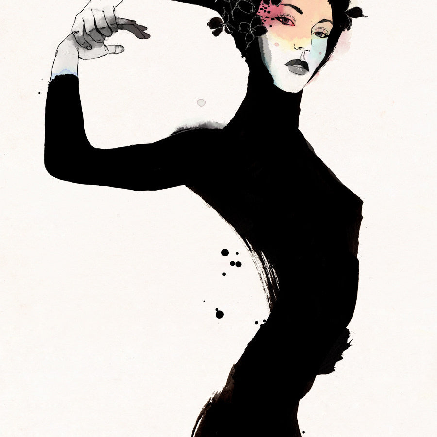 A limited edition silkscreen by Conrad Roset features an abstract person in black, gracefully posed. Their face has colorful accents and floral elements. The piece creates stark contrast with its dark silhouette against an off-white background, embodying Roset’s signature style.