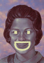 In this surreal portrait by Casey Weldon, a woman with stylized dark hair stands against a cloudy sky. Her eyes and mouth are hidden by white geometric shapes forming a smiley face, creating an abstract feel typical of Spoke Art Gallery exhibitions. Painted with acrylic on board.