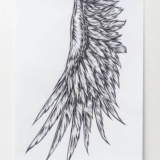 Rhys Coopers ink on paper artwork, Angel Wing, features a black and white preliminary sketch of a detailed feathered wing with intricate patterns and long, flowing lines, clipped to a white wall.