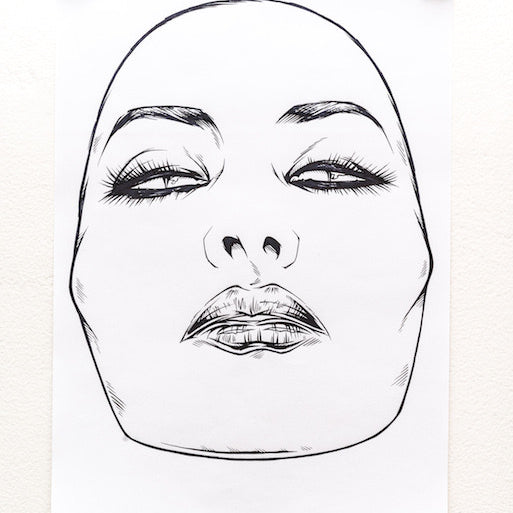 A lined black and white face sketch on white paper, clipped at the top, possibly by Rhys Cooper, features closed eyes and full lips with a smooth head. Ink text appears in the bottom right corner.
