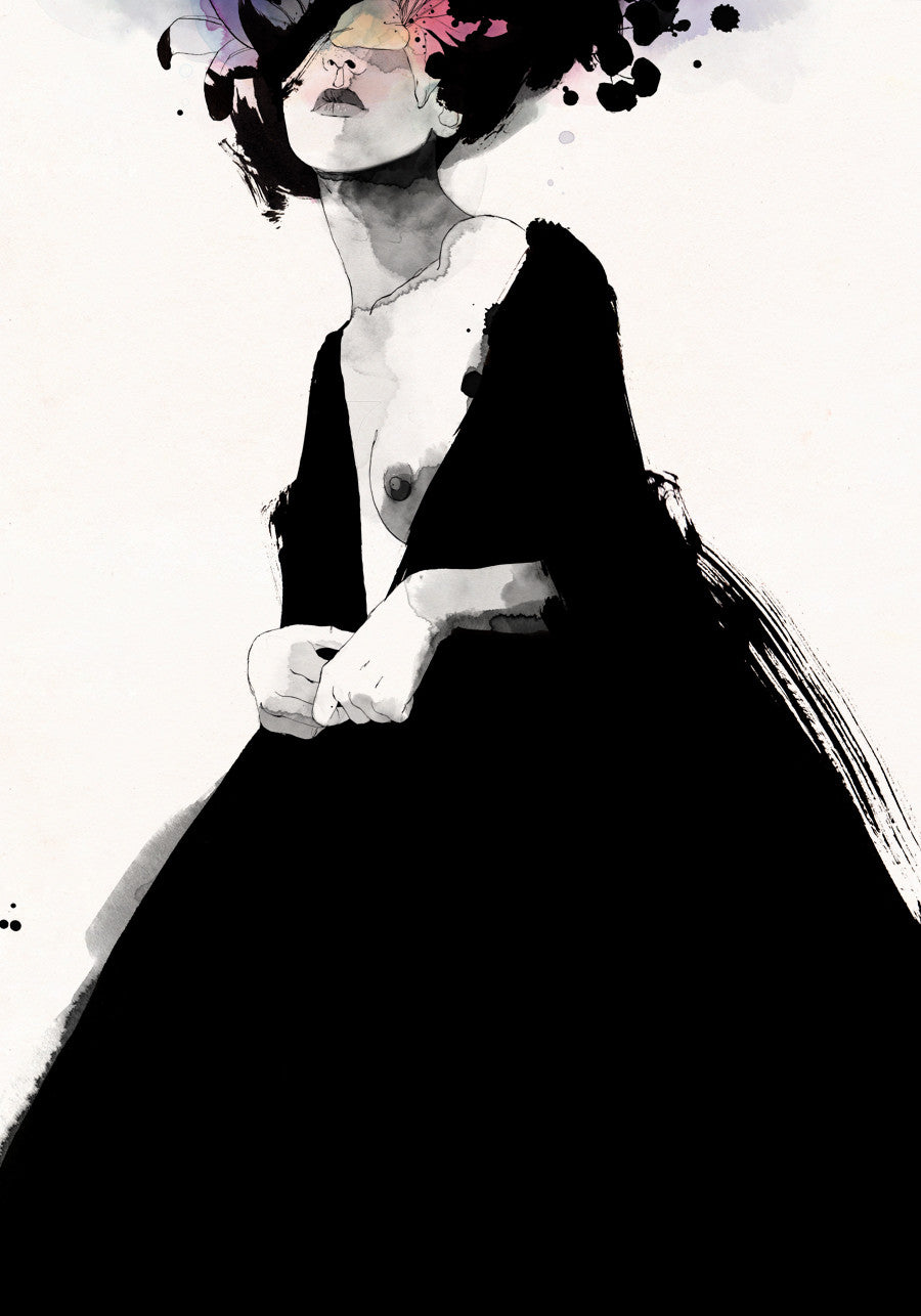 A Conrad Roset-inspired artwork features a woman in an off-shoulder black dress, with vibrant floral designs on her head contrasting the monochrome style. The silkscreen and watercolor technique highlights her expressive look against a white backdrop.