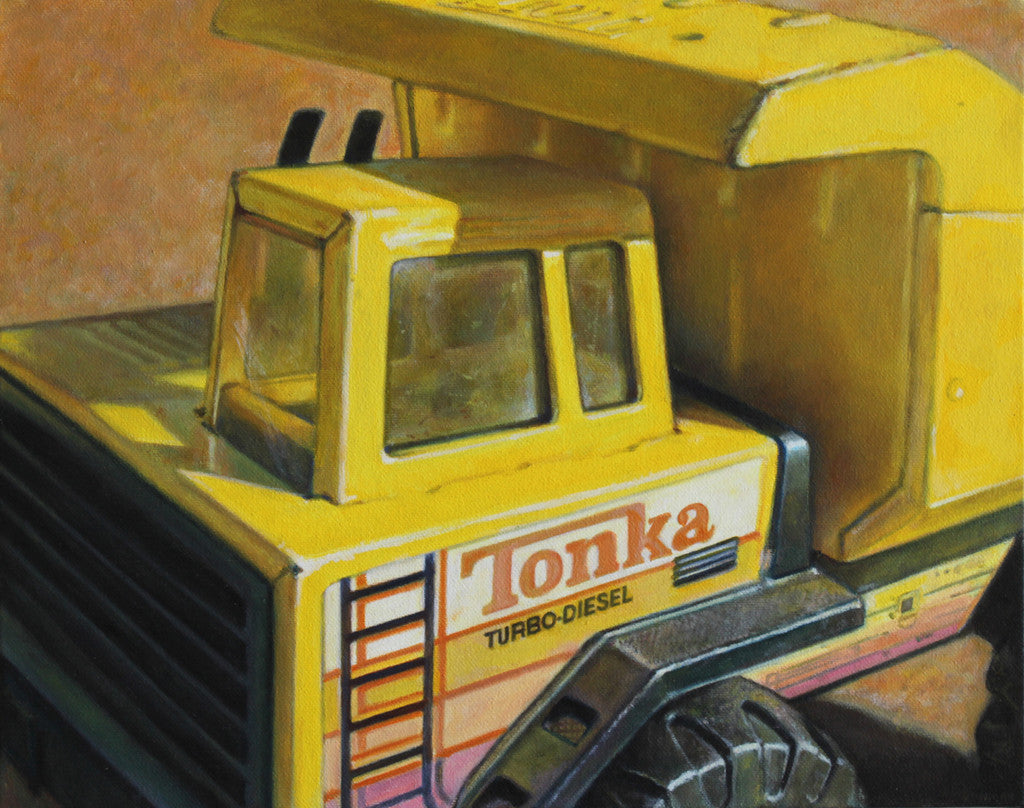 Allan Innmans oil on canvas captures a yellow Tonka Turbo-Diesel dump truck with meticulous detail, showcasing its vivid black grill and wheels against a textured brown surface, bringing the classic toy to life.