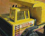 Allan Innmans oil on canvas captures a yellow Tonka Turbo-Diesel dump truck with meticulous detail, showcasing its vivid black grill and wheels against a textured brown surface, bringing the classic toy to life.