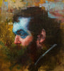 Expressive abstract portrait painting by John Wentz showcases a bearded man in profile with textured blue, brown, and orange brushstrokes. The vibrant oil on canvas captivates with its colorful background, making it a stunning art piece for sale.