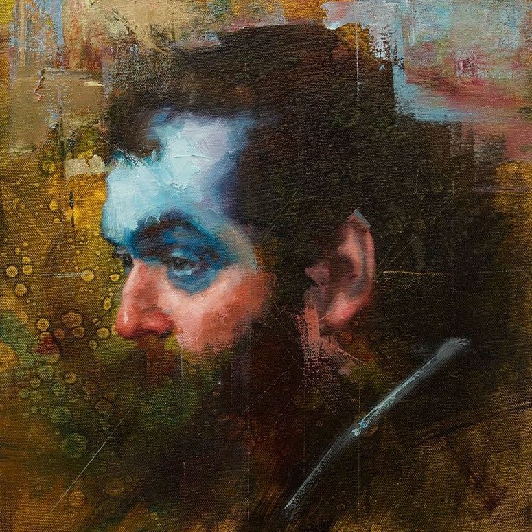 Expressive abstract portrait painting by John Wentz showcases a bearded man in profile with textured blue, brown, and orange brushstrokes. The vibrant oil on canvas captivates with its colorful background, making it a stunning art piece for sale.