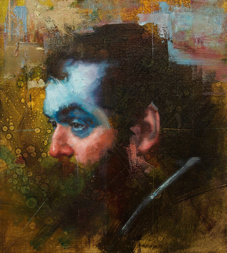 Expressive abstract portrait painting by John Wentz showcases a bearded man in profile with textured blue, brown, and orange brushstrokes. The vibrant oil on canvas captivates with its colorful background, making it a stunning art piece for sale.