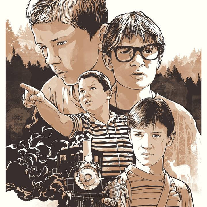 This Joshua Budich signed and numbered screenprint for Stand By Me captures nostalgia with four boys, including one with glasses, as a train approaches on forest tracks, the movie title tastefully at the bottom.