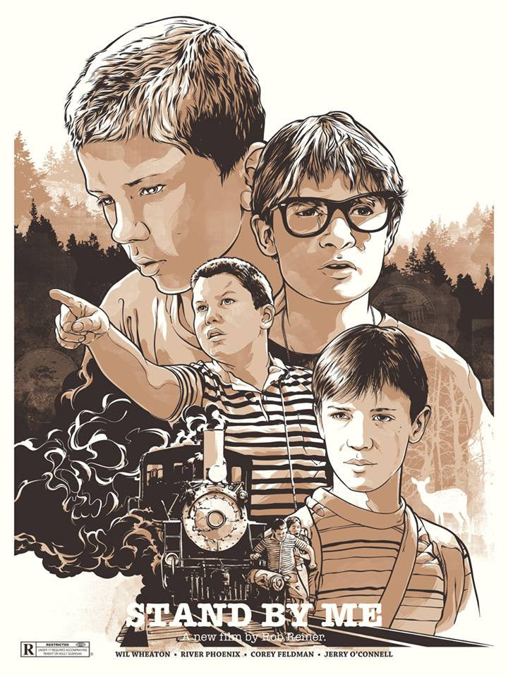 This Joshua Budich signed and numbered screenprint for Stand By Me captures nostalgia with four boys, including one with glasses, as a train approaches on forest tracks, the movie title tastefully at the bottom.