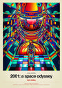 A vibrant geometric illustration by Van Orton Design, inspired by 2001: A Space Odyssey, shows an astronaut facing a symmetrical figure in a futuristic scene. Text reads 2001: A Space Odyssey with credits below—an exquisite fine art giclee.