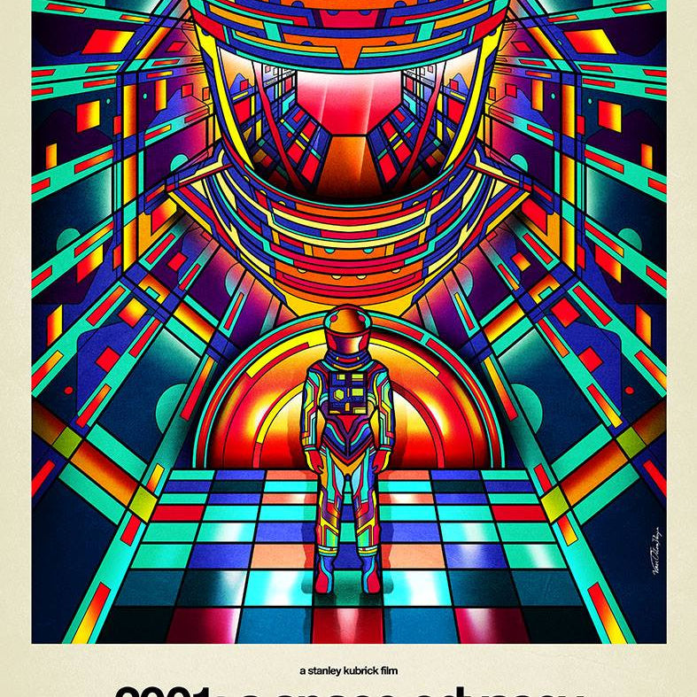 A vibrant geometric illustration by Van Orton Design, inspired by 2001: A Space Odyssey, shows an astronaut facing a symmetrical figure in a futuristic scene. Text reads 2001: A Space Odyssey with credits below—an exquisite fine art giclee.