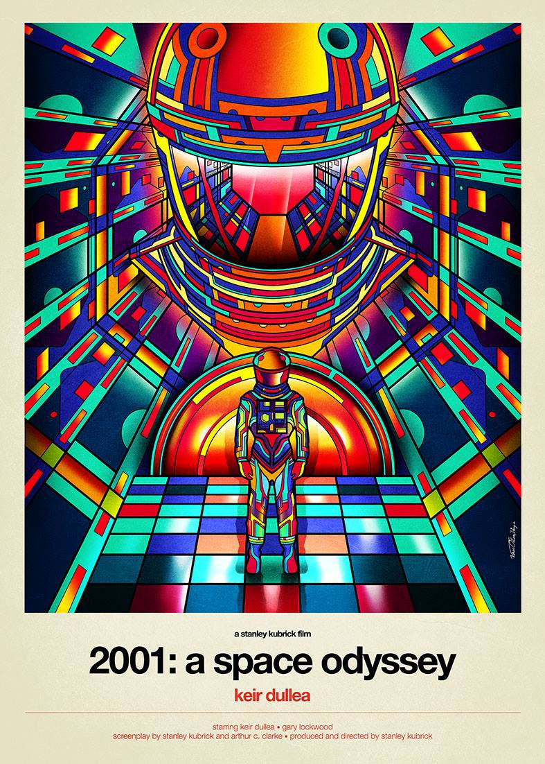 A vibrant geometric illustration by Van Orton Design, inspired by 2001: A Space Odyssey, shows an astronaut facing a symmetrical figure in a futuristic scene. Text reads 2001: A Space Odyssey with credits below—an exquisite fine art giclee.