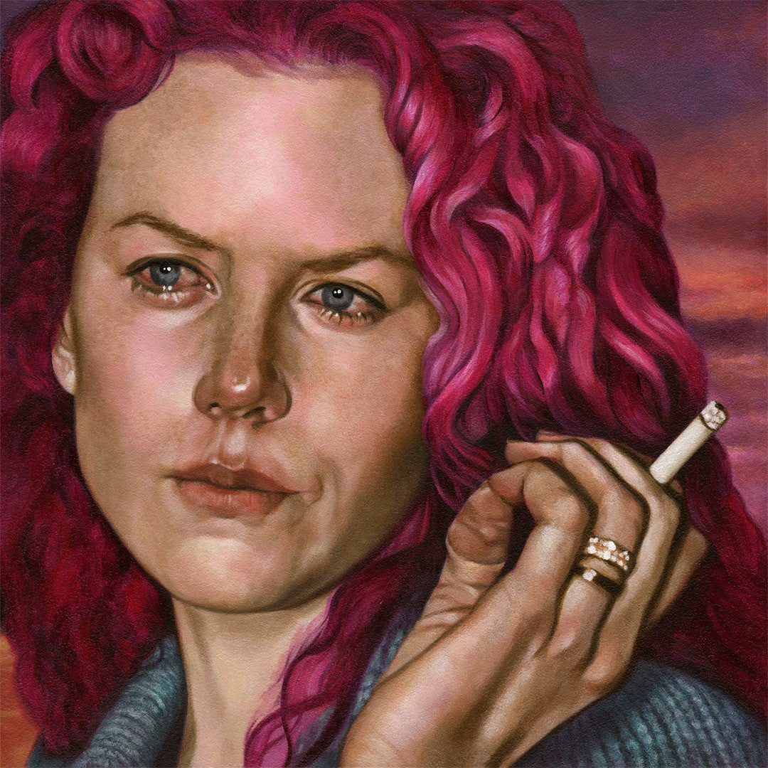 Acrylic on wood, this Johannah ODonnell portrait features a person with curly pink hair and a cigarette, set against a sunset backdrop. Wearing a light blue top and ring, their contemplative expression is highlighted. Payment plans are available for this artwork.