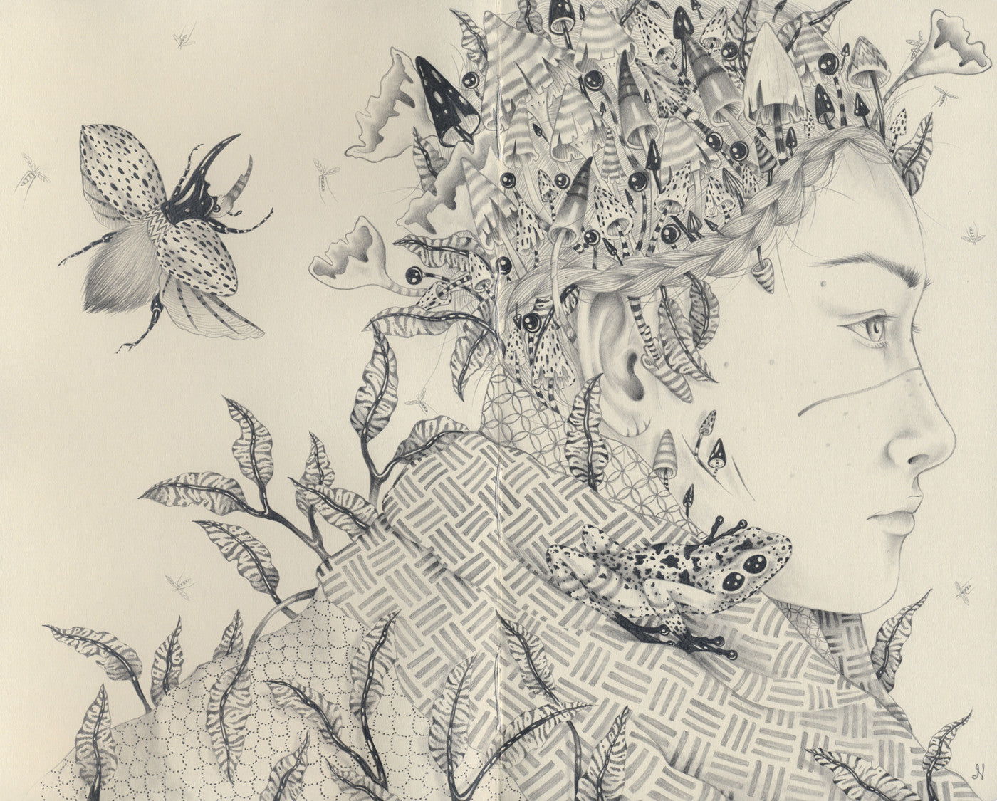 A graphite drawing on archival paper of a womans profile, featuring intricate patterns with butterflies and leaves. Her hair merges into foliage entwined with insects, reflecting Nicomi Nix Turners blend of nature and human form.