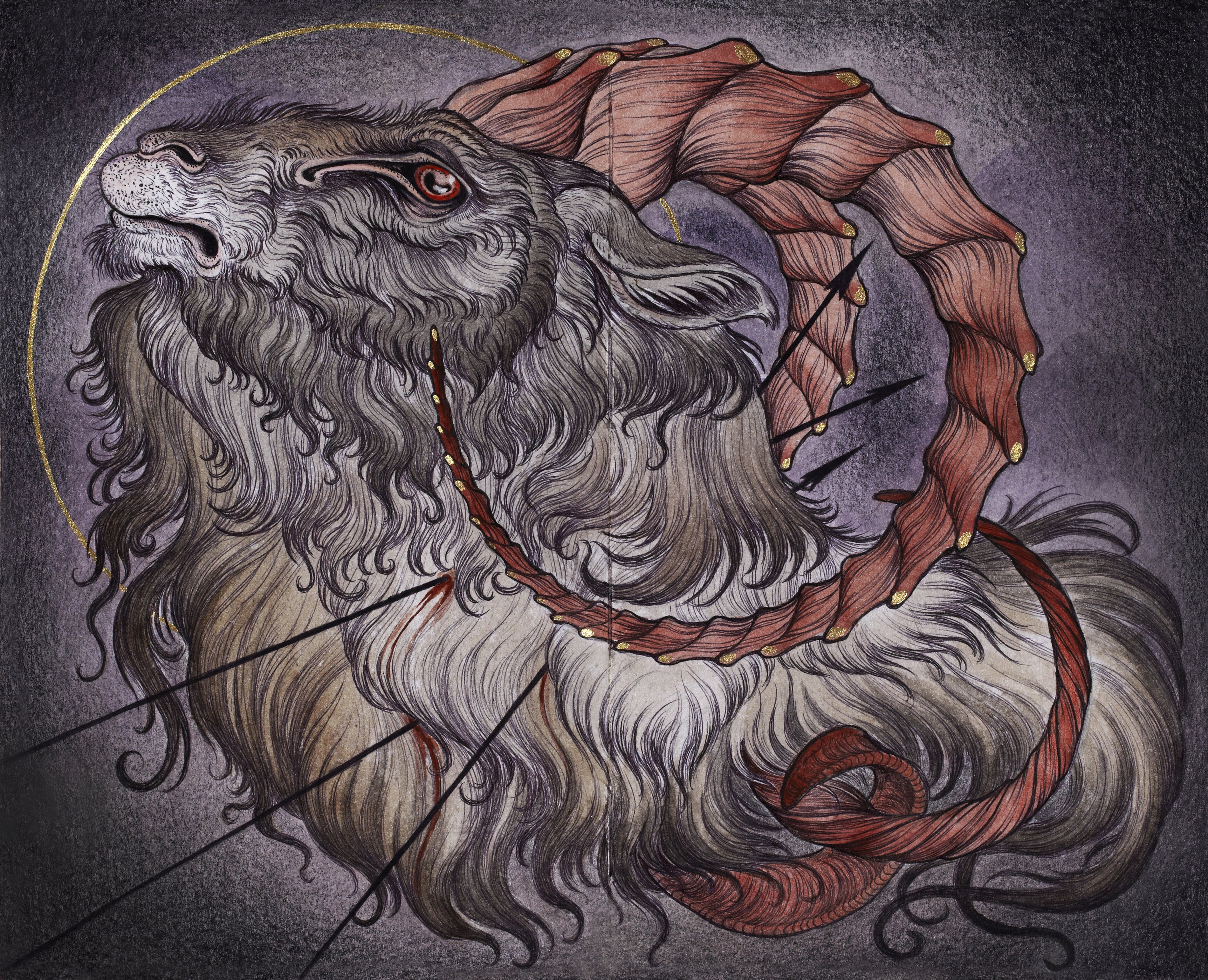 Caitlin Hacketts artistic illustration of a mythical Scapegoat features a goat with spiral horns, a flowing mane, ribbed horn textures, and a subtle halo. Its skillfully created using ballpoint pen on a dark, textured backdrop.