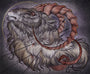 Caitlin Hacketts artistic illustration of a mythical Scapegoat features a goat with spiral horns, a flowing mane, ribbed horn textures, and a subtle halo. Its skillfully created using ballpoint pen on a dark, textured backdrop.
