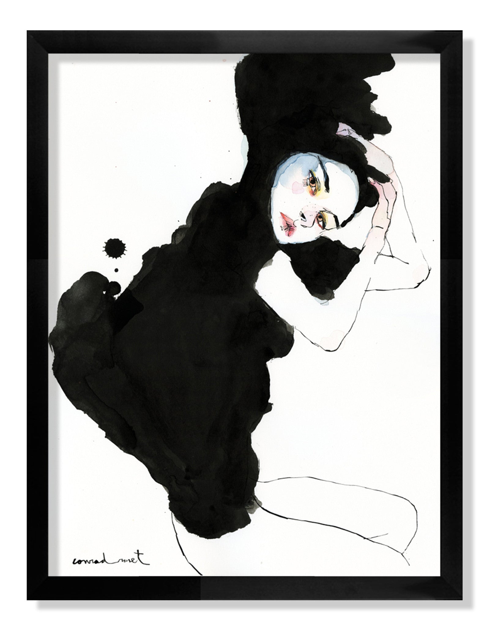 A Conrad Roset-style illustration depicts a person in a black outfit, eyes open, with arms raised above their head. Bold black brushstrokes and minimalist lines adorn the white background. The piece, crafted with India ink and watercolor, is framed in black and available for sale as art.
