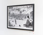 An original Tim Doyle black and white sketch, framed in black on a white wall, evokes a Star Wars-like futuristic mechanical scene. The pen and ink piece features intricate designs of structures under a bridge-like formation, complete with the artists signature.