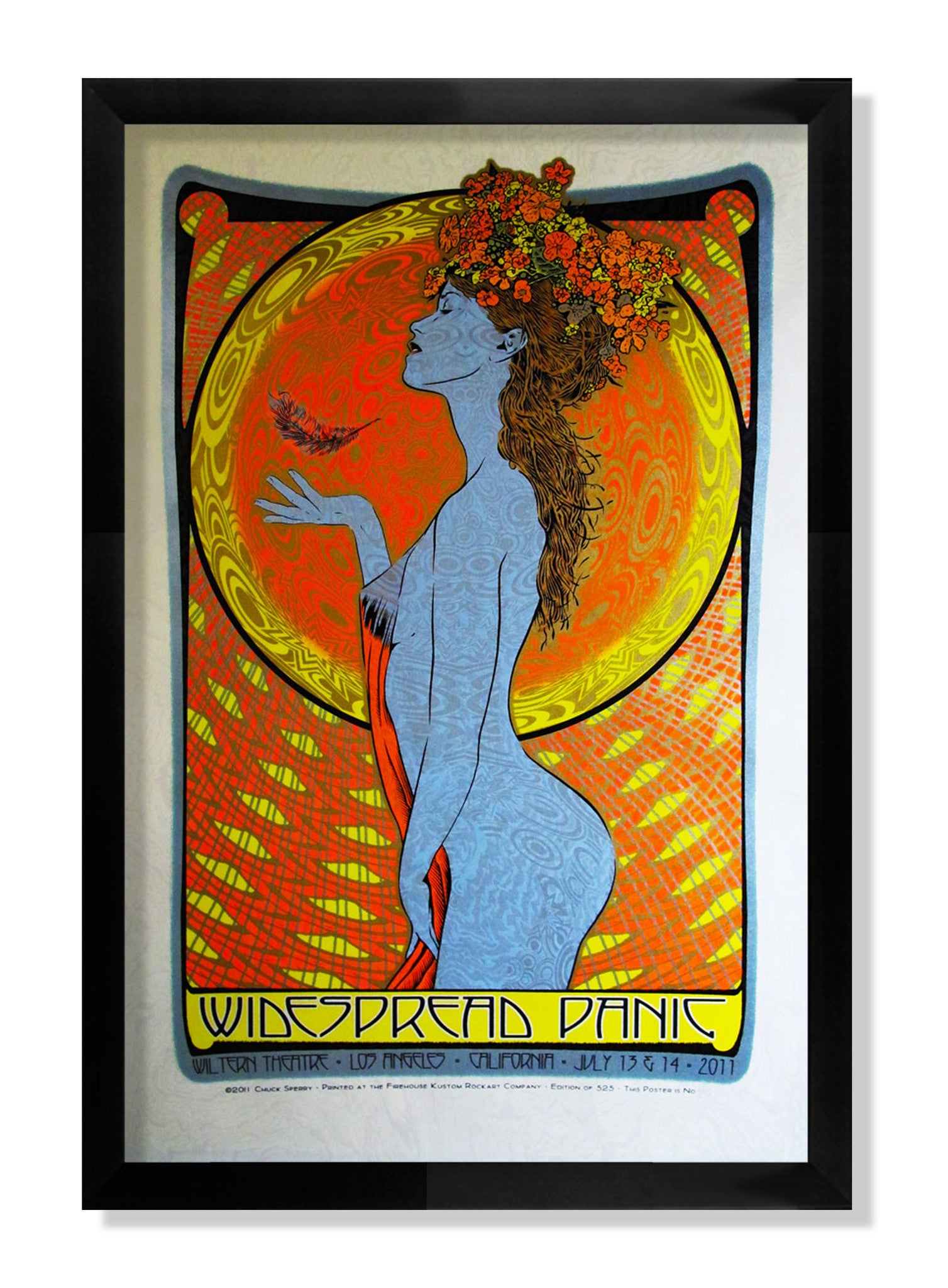 Art nouveau style poster by Chuck Sperry shows a blue-skinned woman with ornate hair and flowers, set against a solar flare-like yellow-orange background. Widespread Panic text and concert info for July 15-16, 2011, appear at the bottom.