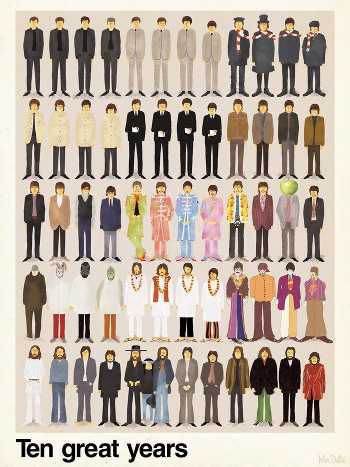 Max Daltons limited edition illustration showcases various figures in vibrant, diverse outfits arranged in rows, capturing evolving styles from a specific group across time. Ten Great Years is captioned at the bottom.