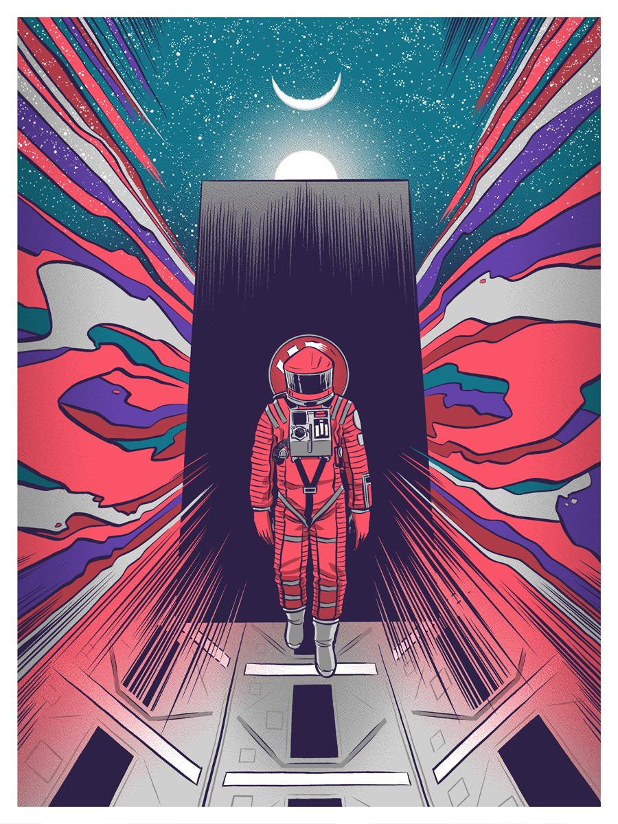 A limited edition Robert Wilson-style illustration of an astronaut in a red suit before a large monolith, against a vivid cosmic landscape with a crescent moon and starry sky, creating a surreal ambiance.