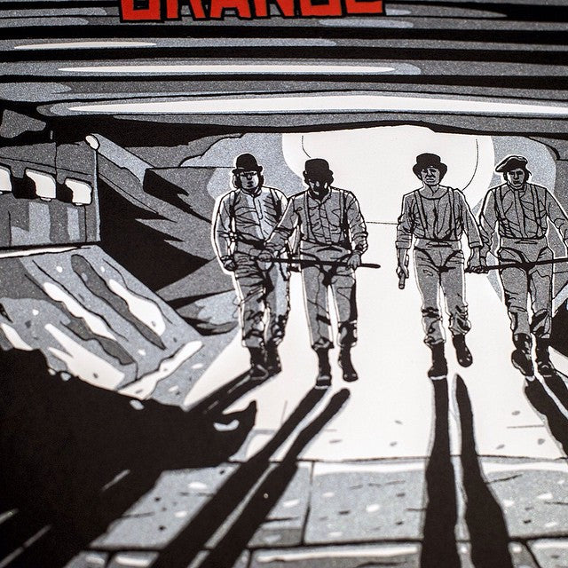 A grayscale screen print by New Flesh showcases four figures in hats and suspenders walking side by side in a tunnel. The image features strong shadow effects, with dramatic depth and long shadows on the floor. Each piece is signed and numbered for authenticity.