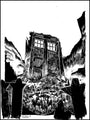 A Tim Doyle original pen and ink illustration features a dilapidated police box, akin to Doctor Whos TARDIS, partially buried among gravestones. It is set against The Fields of Trenzalore with dark cliffs looming, creating a stark and eerie atmosphere.