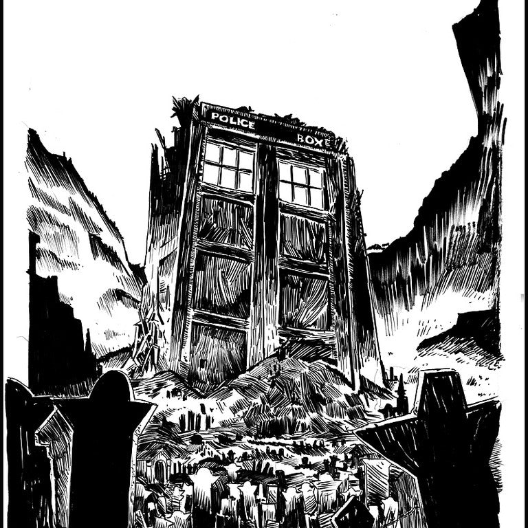 A Tim Doyle original pen and ink illustration features a dilapidated police box, akin to Doctor Whos TARDIS, partially buried among gravestones. It is set against The Fields of Trenzalore with dark cliffs looming, creating a stark and eerie atmosphere.