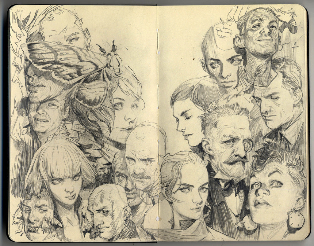 Graphite art of diverse facial expressions and a large moth grace the sketchbook pages, reminiscent of an Identity Parade, by Wesley Burt.