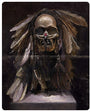 The Ancestor Skull sculpture, with a feathered headdress, intricate details, and a central red gem, reflects the dark ambiance of Greg Gandys oil-on-Moleskine works.