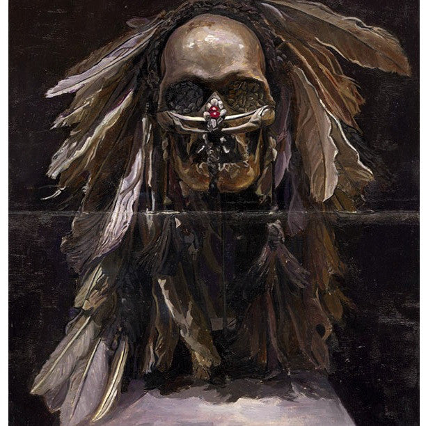 The Ancestor Skull sculpture, with a feathered headdress, intricate details, and a central red gem, reflects the dark ambiance of Greg Gandys oil-on-Moleskine works.