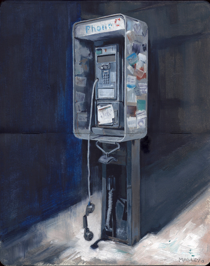 Crafted by Ryan Malley, this oil on paper depicts an old payphone with stickers and graffiti against a dark backdrop. The handset dangles from its cord, and the aged metal surface displays wear and rust, embodying the raw essence prized by Spoke Art Gallery.