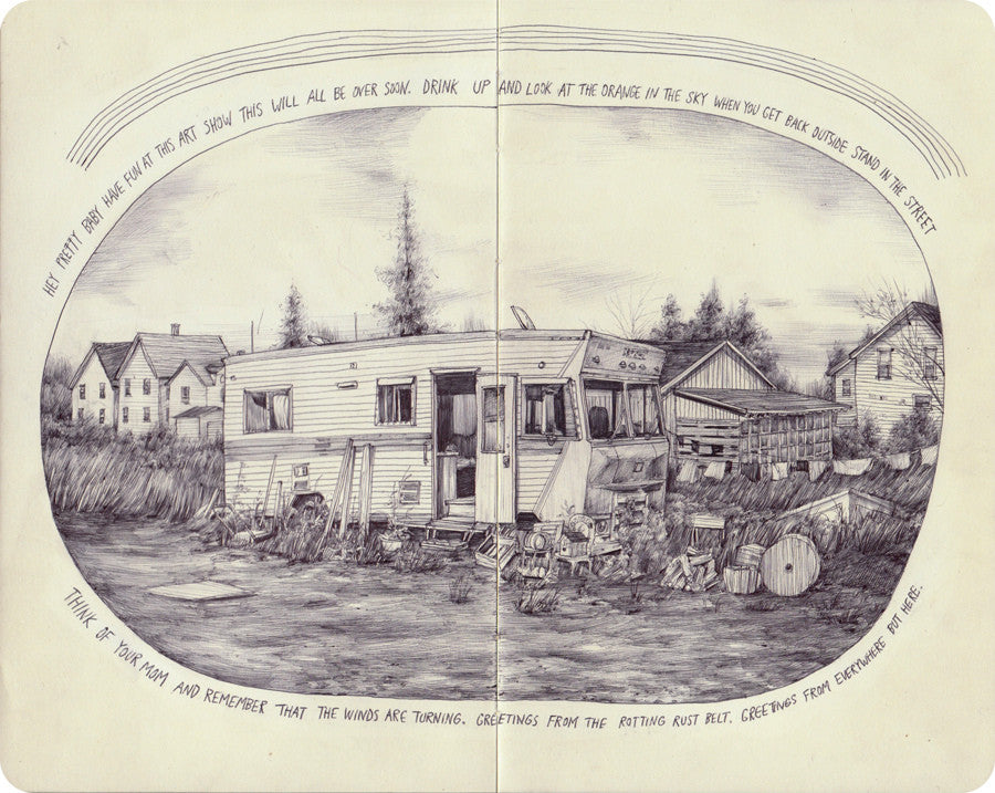 An illustration by Pat Perry features a dilapidated RV amidst overgrown grass and debris, capturing the rustic neighborhoods charm. Houses and trees form the backdrop while handwritten text encircles the image, providing a reflective message.