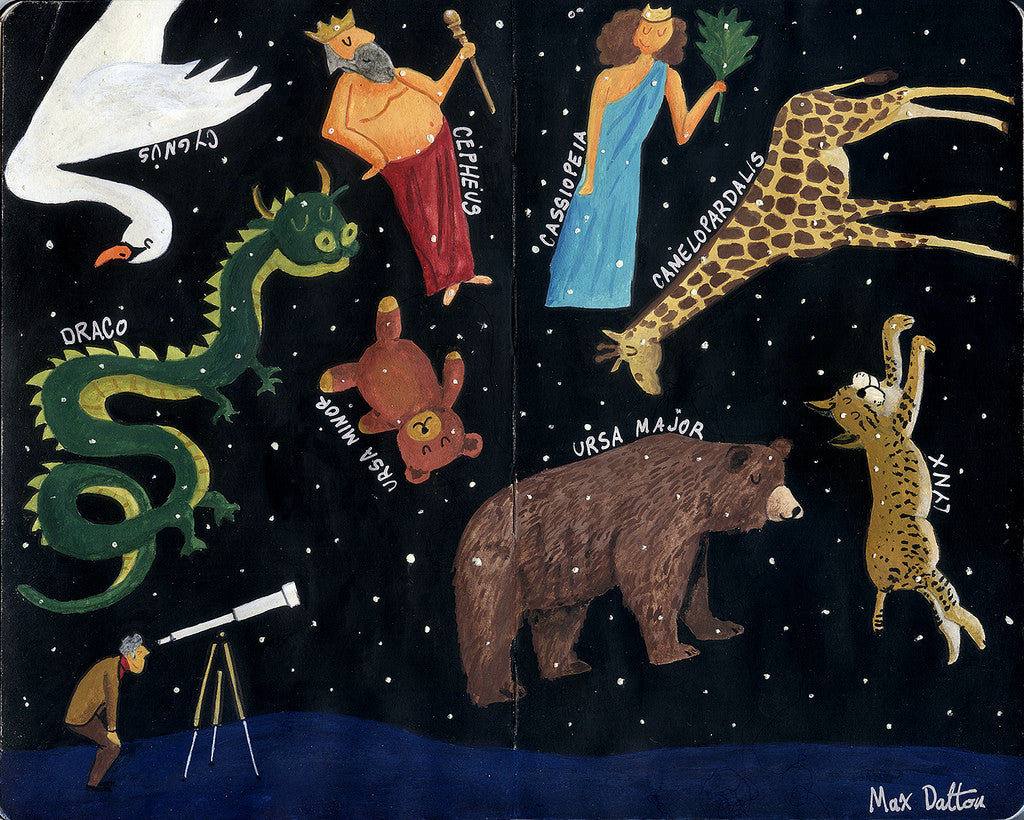 Illustrations of constellations like Swan, King, Queen, Giraffe, Dragon (Draco), Bear (Ursa Major), and Leopard are set against a starry sky. A person with a telescope is beneath the cosmic scene painted in Max Daltons signature style using warm Cosmos Watercolors.