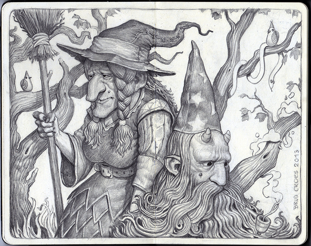 A detailed graphite drawing by Brun Croes features a braided-hair witch with a long nose and a horned wizard in a starry hat, set among twisted trees and a snake. Sketched on Moleskine paper, this enchanting scene is signed Brian Kesinger 2013.