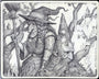 A detailed graphite drawing by Brun Croes features a braided-hair witch with a long nose and a horned wizard in a starry hat, set among twisted trees and a snake. Sketched on Moleskine paper, this enchanting scene is signed Brian Kesinger 2013.