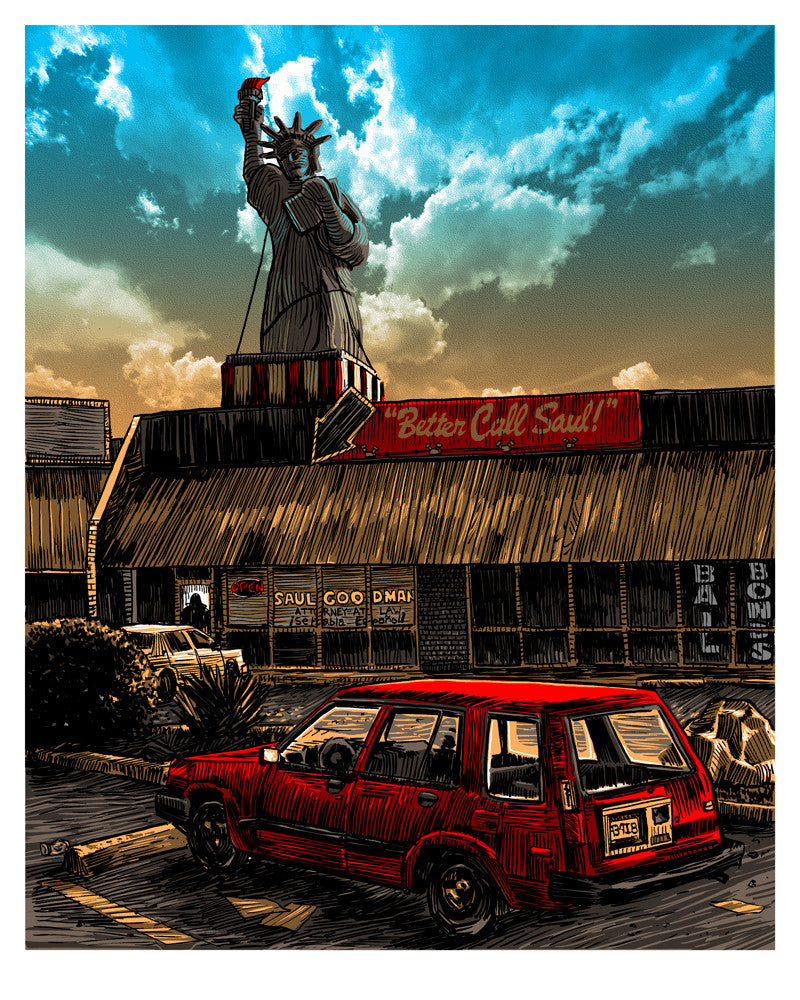 Illustration by Tim Doyle shows a vintage scene with a weathered building featuring a Better Call Saul sign. A red car is parked in front, and a large Statue of Liberty replica adorns the roof against a partly cloudy sky, reminiscent of Breaking Bad.