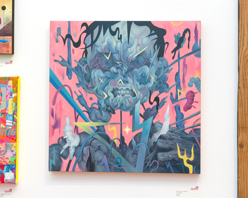 Displayed at the Supersonic Invitational, Hongmin Lees oil on canvas features a distorted, eerie face with dynamic blue and pink hues surrounded by jagged shapes against a vibrant yellow and blue backdrop, complemented by nearby colorful artworks.