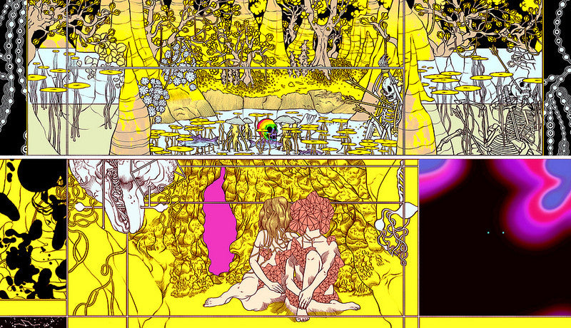 Surreal art in vibrant yellow and black: the top showcases bold trees; the bottom depicts two embracing figures with red textures. Psychedelic patterns, inspired by Kristina Collantes, swirl around them like a rainbow dance at the center.