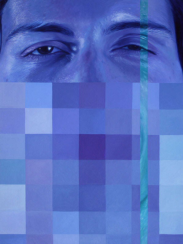 A close-up of a partially obscured face amid blue and purple pixelated squares evokes an oil on canvas style by Jen Mann. One eye is visible, while the rest stays hidden behind captivating pixelation, with a vertical green line enhancing this compelling digital art.