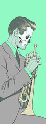 Oliver Barretts fine art giclee print features a person in a suit playing a trumpet with a skeleton face against a solid mint green background, contrasting with the grayscale figure to evoke the surreal vibe and spirit of the Supersonic Electronic Invitational at Spoke Art.